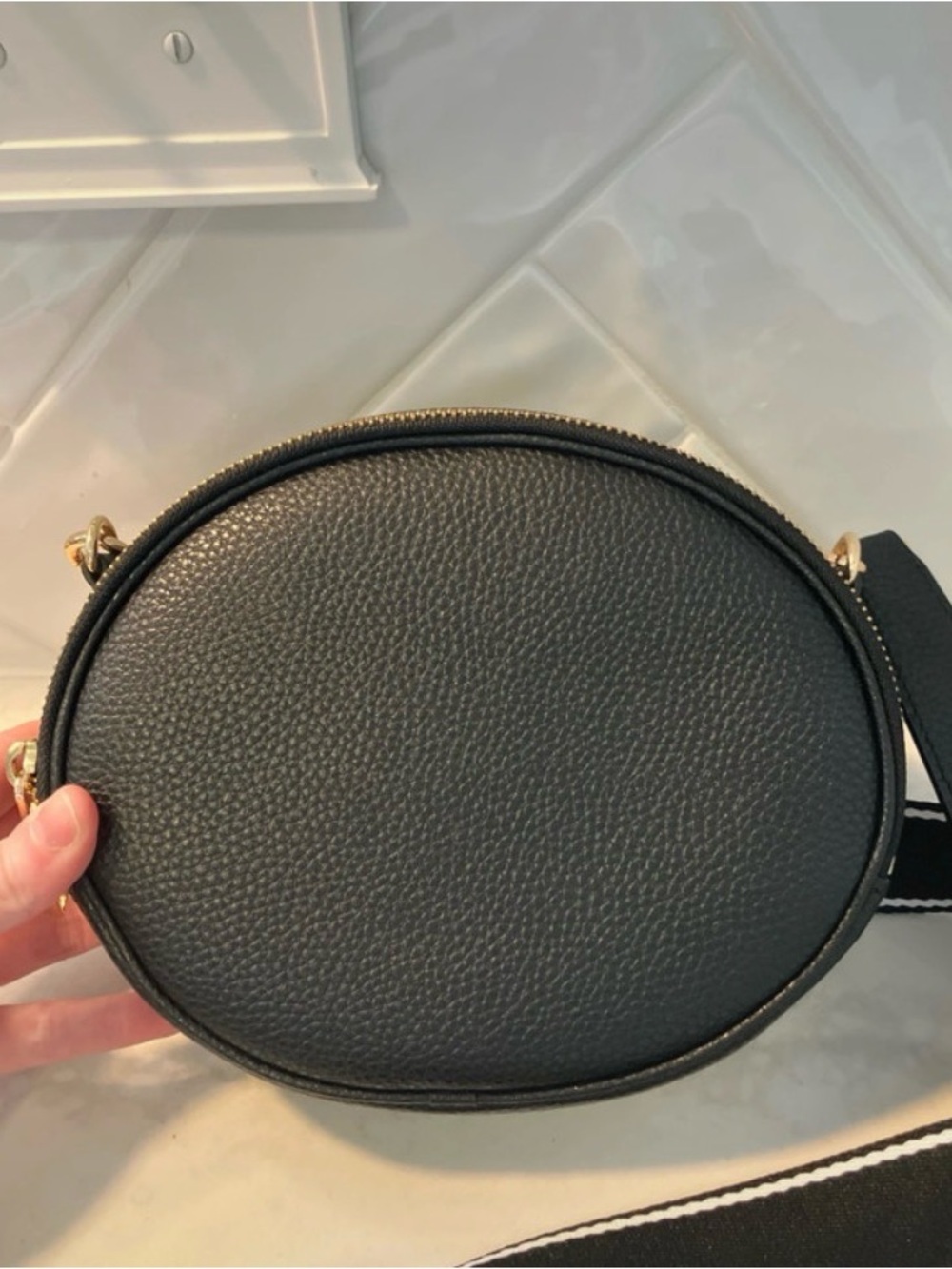 Marc Jacobs Black Pebbled Leather Oval Crossbody with Striped Strap - Picture 4 of 15